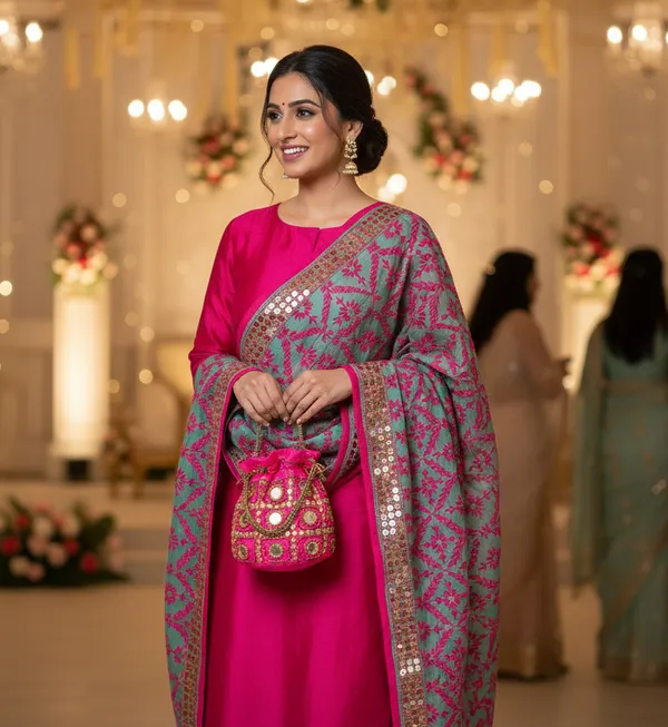 The_Festive_Fusion_Combo_Aqua_Mint_Dupatta_With_Magenta_Pink_Threadwork_Gold_Sequin_Border_Matching_Potli_Bag