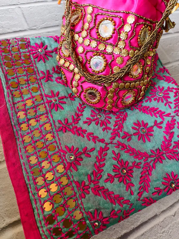 The_Festive_Fusion_Combo_Aqua_Mint_Dupatta_With_Magenta_Pink_Threadwork_Gold_Sequin_Border_Matching_Potli_Bag