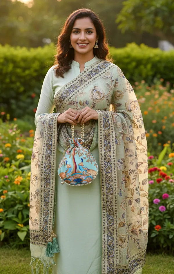 Combo_Mint_Melody__Brasso_Floral_Dupatta_With_Gold_Jacquard_Border_Printed_Peacock_Potli