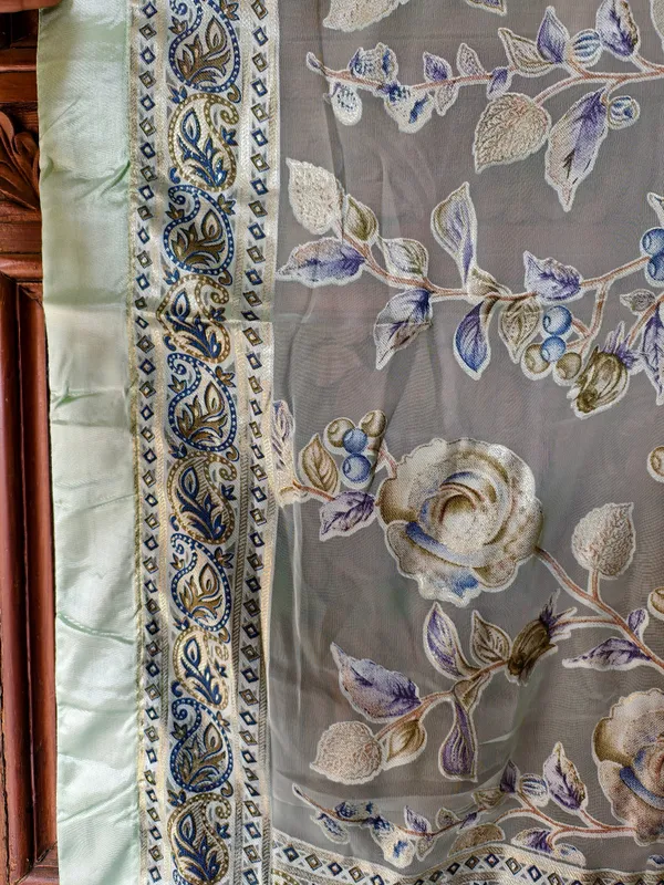 Combo_Mint_Melody__Brasso_Floral_Dupatta_With_Gold_Jacquard_Border_Printed_Peacock_Potli