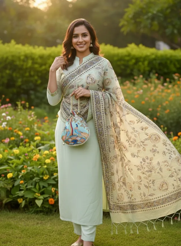 Combo_Mint_Melody__Brasso_Floral_Dupatta_With_Gold_Jacquard_Border_Printed_Peacock_Potli