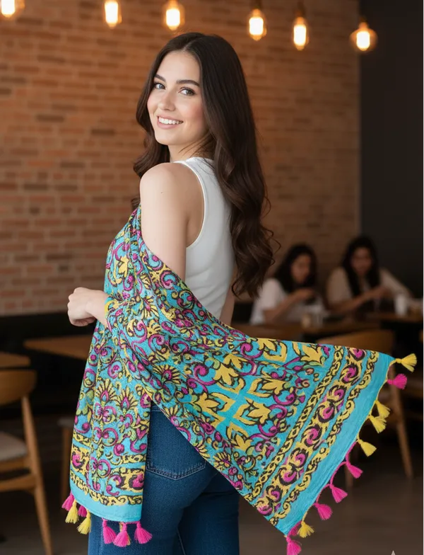 Turquoise_Boho_Pattern_Scarf_With_Handmade_Tassels