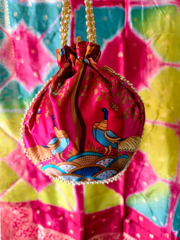 Combo_Luxury_Mint_Banarasi_Woven_Dupatta_Peacock_Print_Potli_Bag_Combo