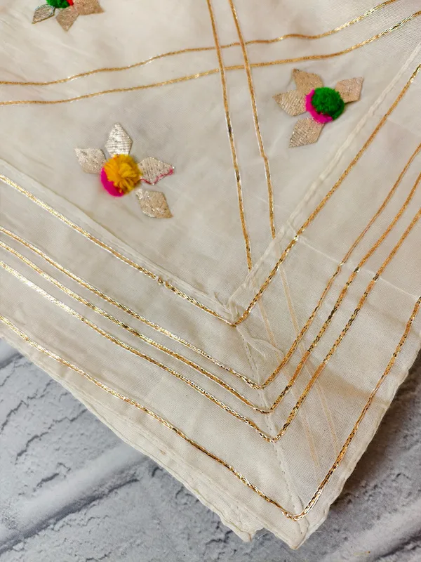 Festive_Cream_Dupatta_With_Golden_Zari_Lines_Handcrafted_Pom_Pom_Flowers