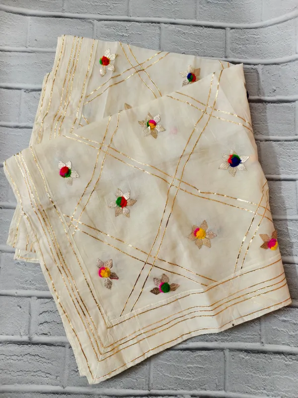 Festive_Cream_Dupatta_With_Golden_Zari_Lines_Handcrafted_Pom_Pom_Flowers