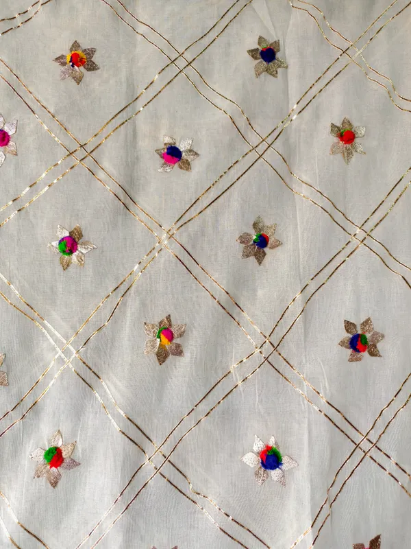 Festive_Cream_Dupatta_With_Golden_Zari_Lines_Handcrafted_Pom_Pom_Flowers