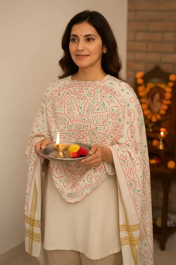 Cream_Bandhani_Printed_Dupatta_With_Traditional_Red_Green_Dot_Work