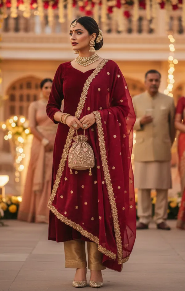Maroon_Semi_Organza_Dupatta_With_Golden_Sequin_Embroidery_Lace_Border
