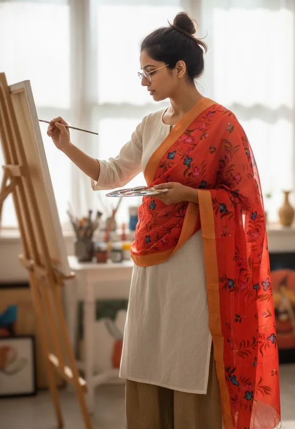 Hand_Painted_Tomato_Red_Pure_Cotton_Dupatta_With_Floral_Art