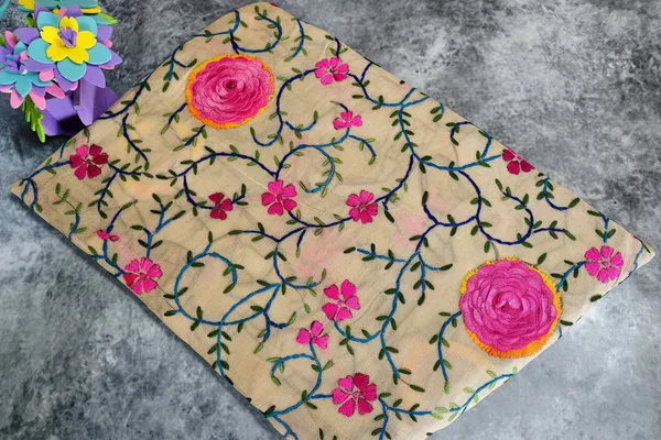 Handcrafted_Beige_Dupatta_With_3D_Pink_Rosette_Multicolor_Thread_Embroidery