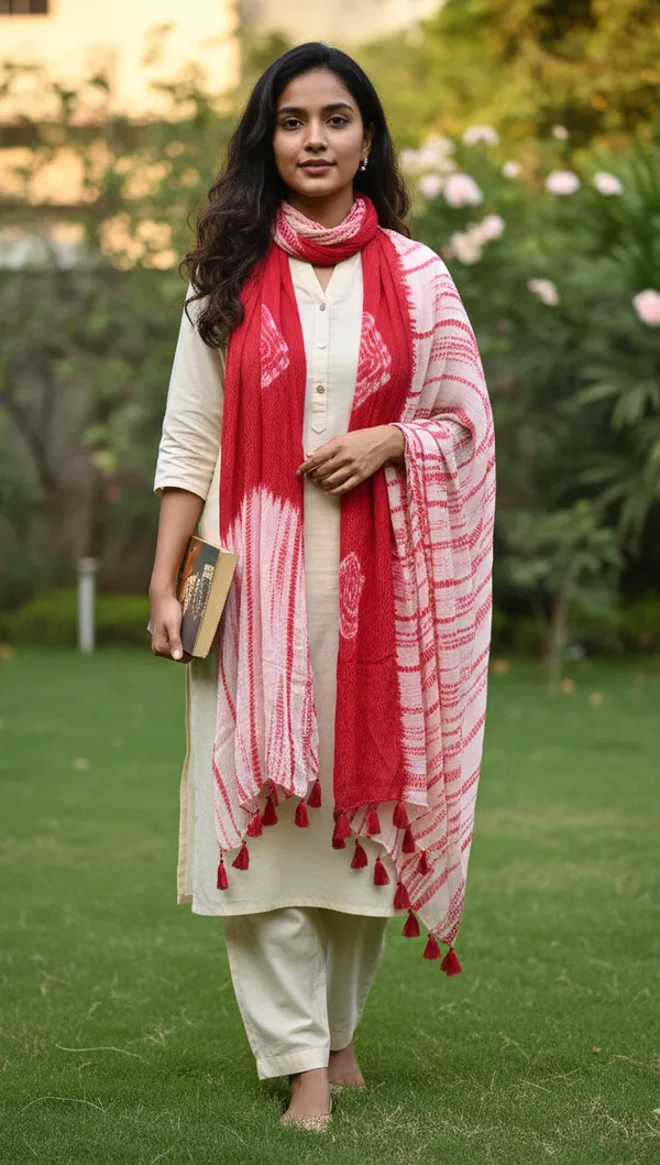 Handcrafted_Red_Ivory_Shibori_Cotton_Stole_With_Tassel_Finish