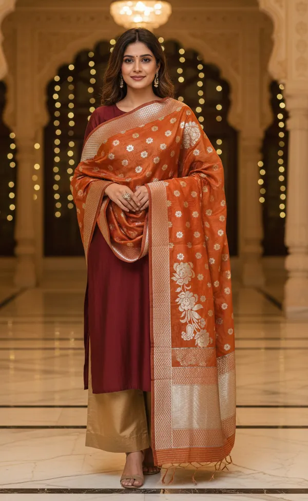 Rust_Orange_Banarasi_Silk_Dupatta_With_Antique_Gold_Buti_Floral_Border