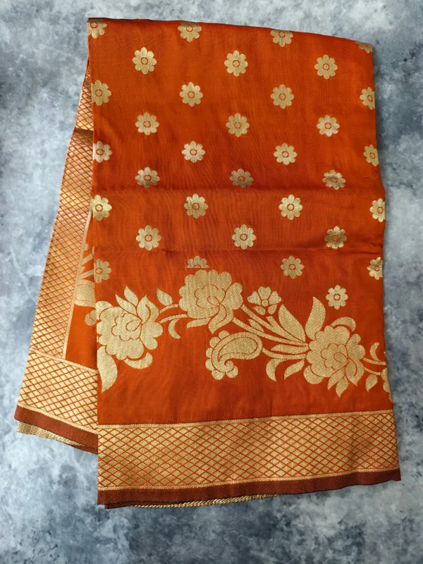 Rust_Orange_Banarasi_Silk_Dupatta_With_Antique_Gold_Buti_Floral_Border