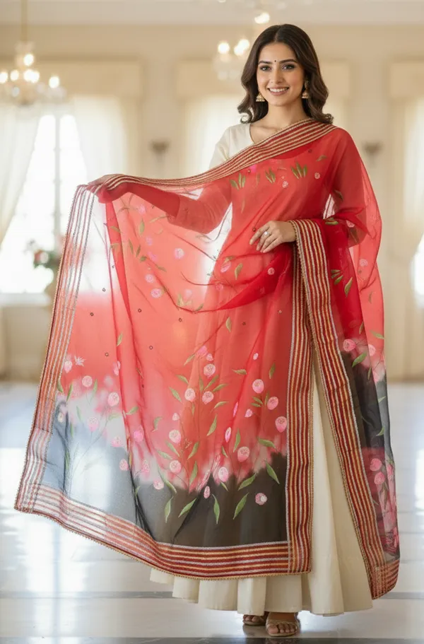 Red_Black_Floral_Organza_Dupatta_With_Gota_Patti_Border