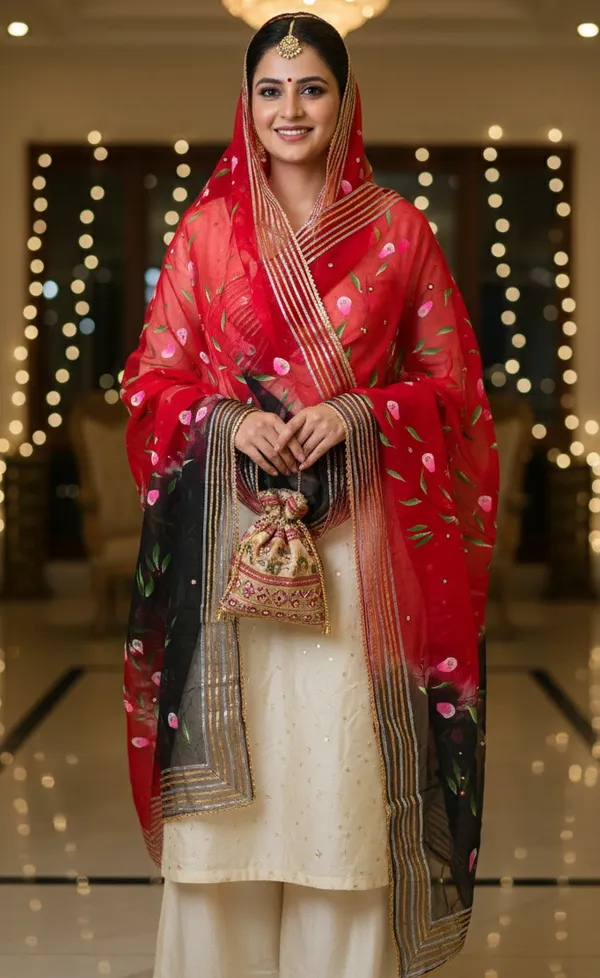 Red_Black_Floral_Organza_Dupatta_With_Gota_Patti_Border