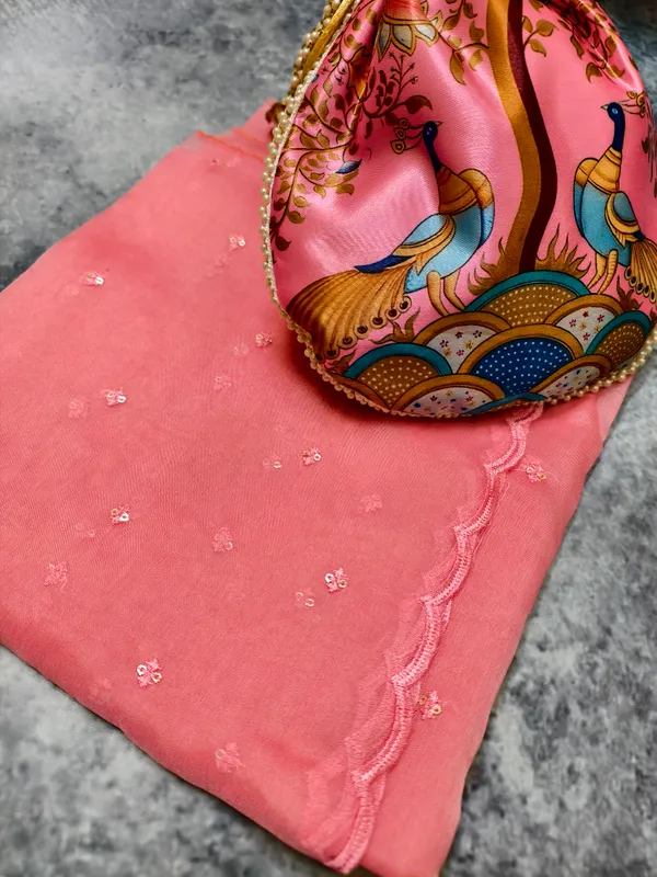 Combo_Coral_Pink_Sequin_Scalloped_Dupatta_With_Potli_Bag