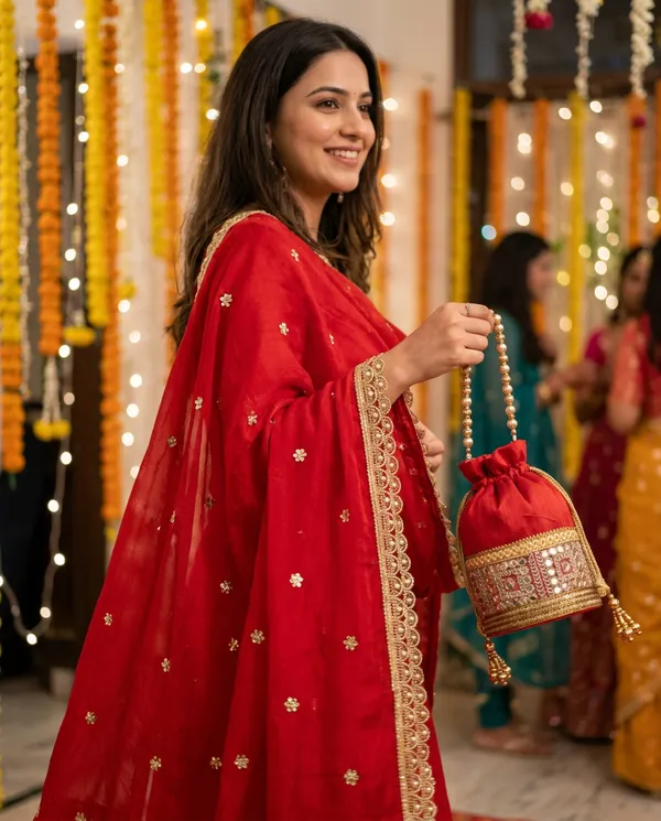 Combo_Of_Beautiful_Red_Potli_Bag_And_Scarlet_Zari_&_Pearl_Dupatta
