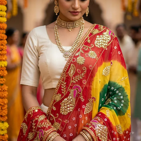 Multi_toned_Bandhej_Dupatta_with_peacock_Zari_work