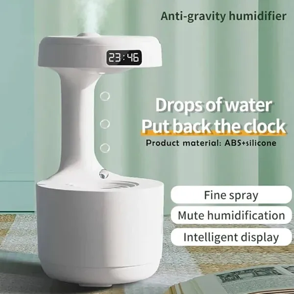 White_Abs_Plastic_&_Electronic_Parts_Anti-Gravity_Humidifier_With_Clock_For_Home_Decor