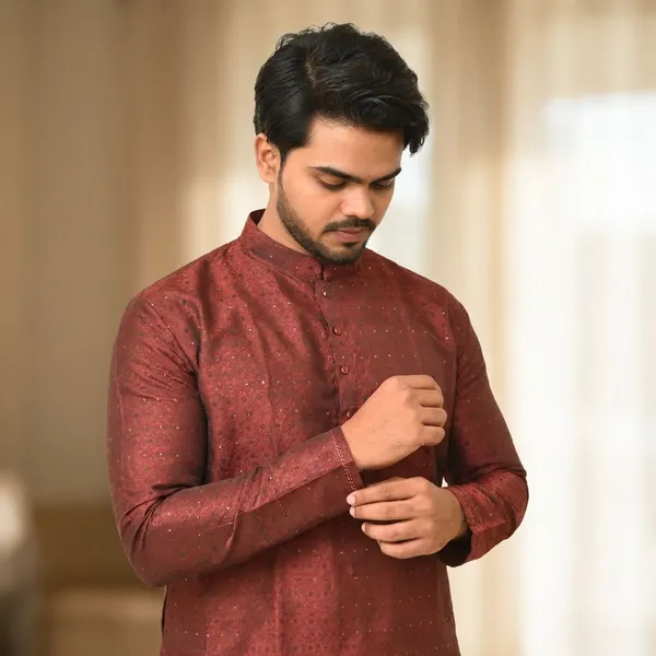Balck_And_Red_Jacquard_Shining_Kurta_For_Men(Pack_Of_2)