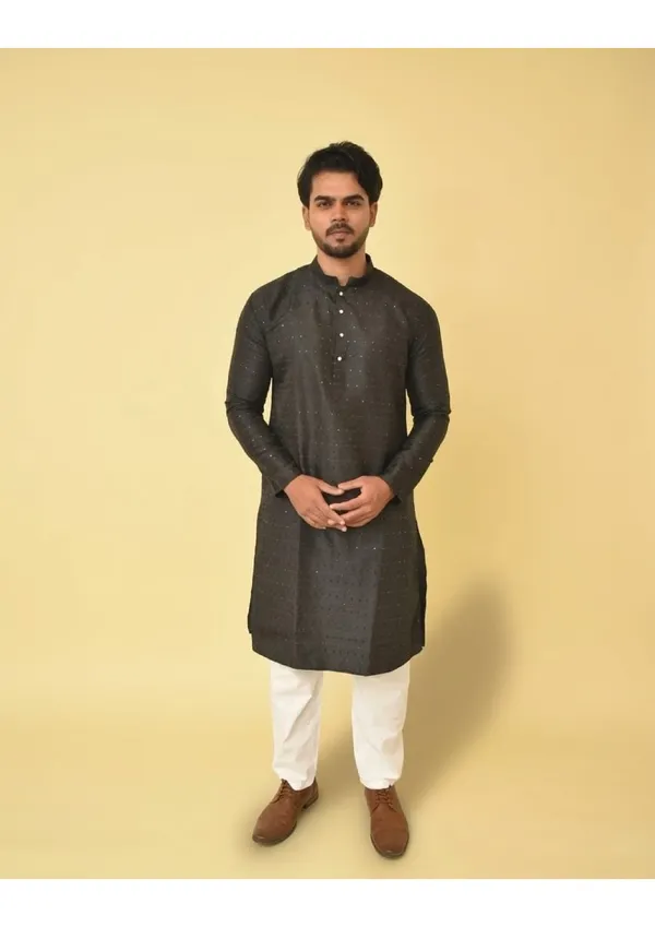 Black_Jacquard_Shining_Kurta_For_Men