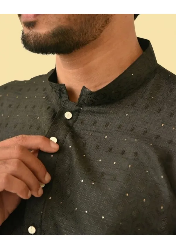 Black_Jacquard_Shining_Kurta_For_Men