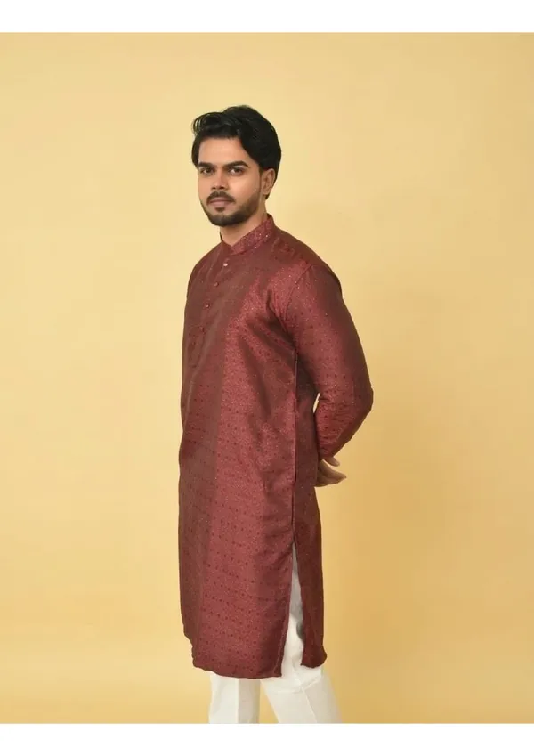 Red_Jacquard_Shining_Kurta_For_Men