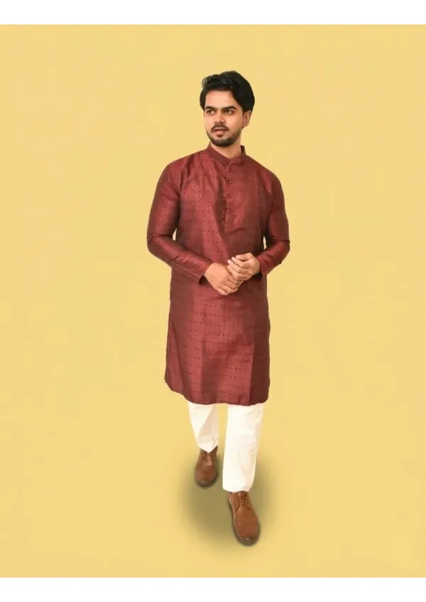 Red_Jacquard_Shining_Kurta_For_Men
