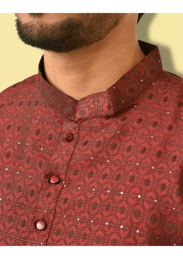 Red_Jacquard_Shining_Kurta_For_Men