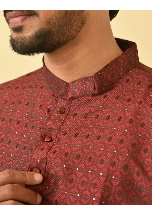 Red_Jacquard_Shining_Kurta_For_Men