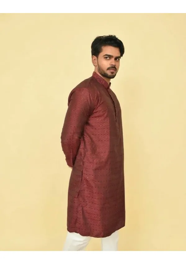 Red_Jacquard_Shining_Kurta_For_Men