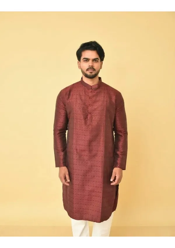 Red_Jacquard_Shining_Kurta_For_Men