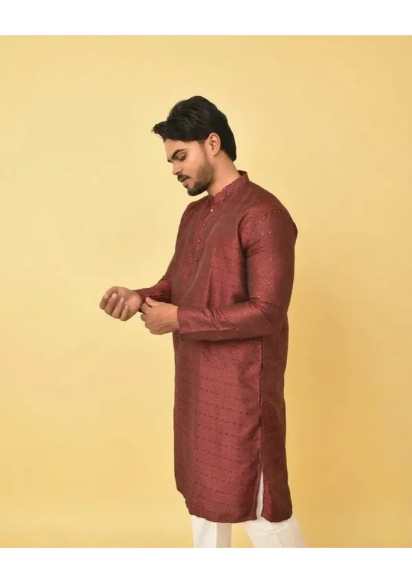 Red_Jacquard_Shining_Kurta_For_Men