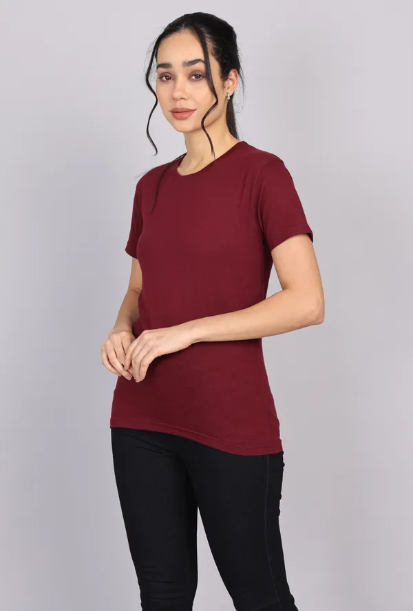 Maroon_Premium_Crewneck_Pima_Cotton_Round_Neck_T_Shirt_For_Women