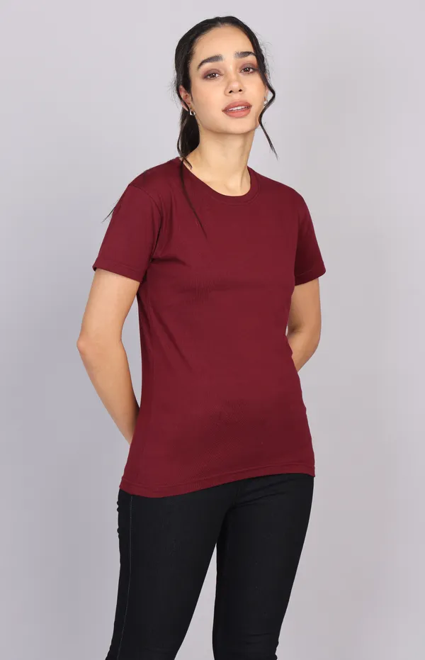 Maroon_Premium_Crewneck_Pima_Cotton_Round_Neck_T_Shirt_For_Women