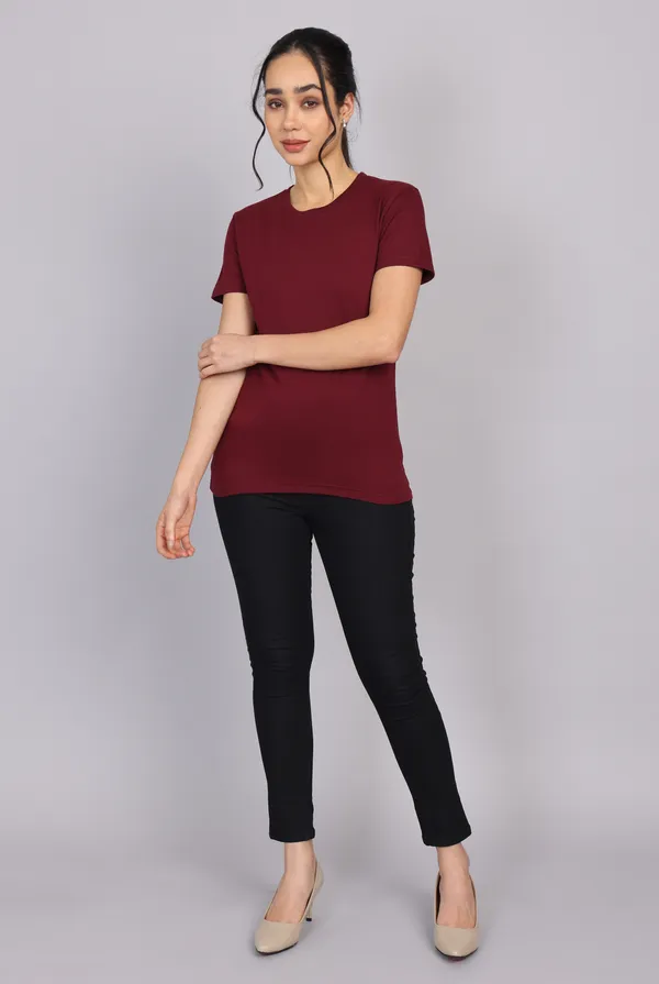 Maroon_Premium_Crewneck_Pima_Cotton_Round_Neck_T_Shirt_For_Women