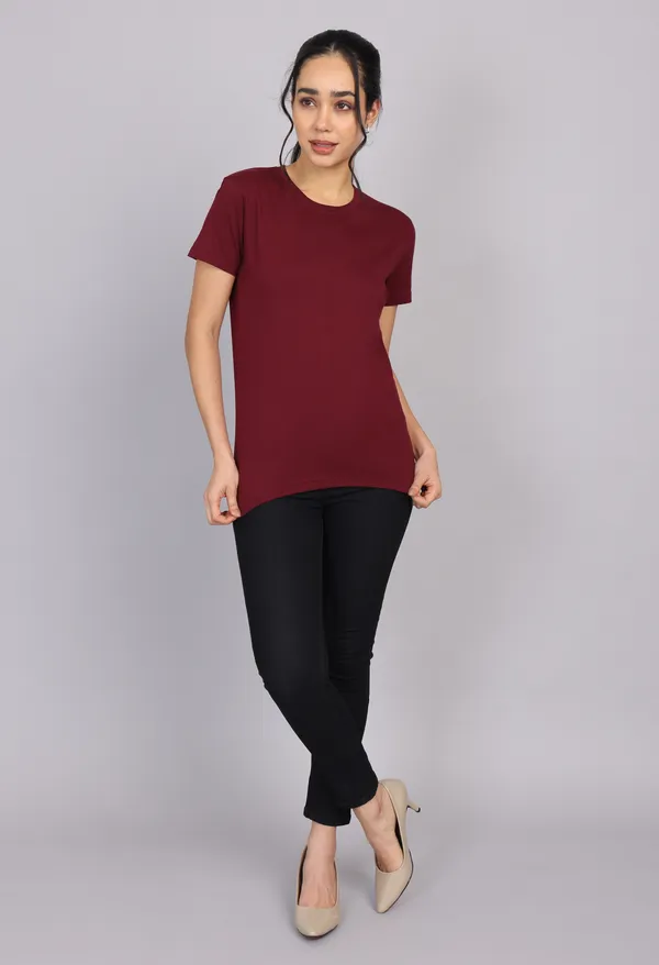 Maroon_Premium_Crewneck_Pima_Cotton_Round_Neck_T_Shirt_For_Women