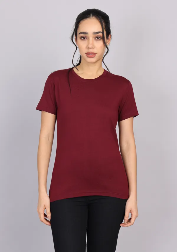 Maroon_Premium_Crewneck_Pima_Cotton_Round_Neck_T_Shirt_For_Women