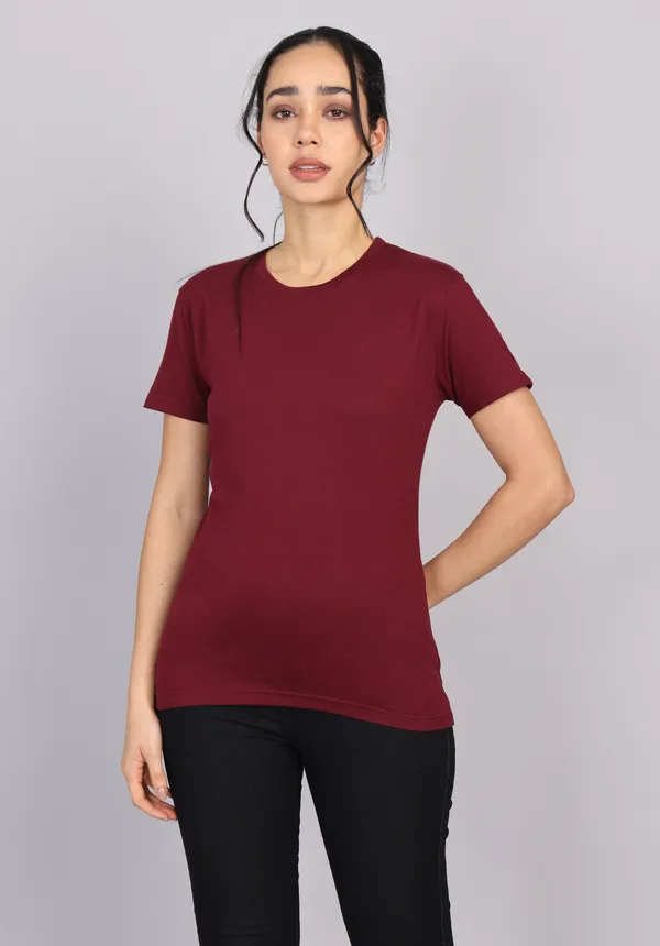 Maroon_Premium_Crewneck_Pima_Cotton_Round_Neck_T_Shirt_For_Women