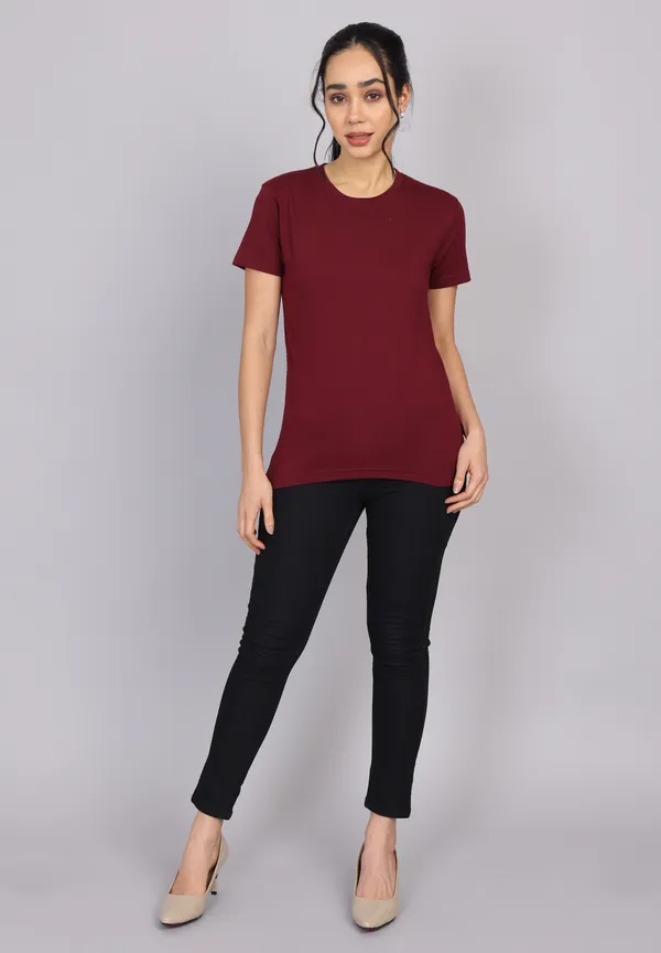 Maroon_Premium_Crewneck_Pima_Cotton_Round_Neck_T_Shirt_For_Women