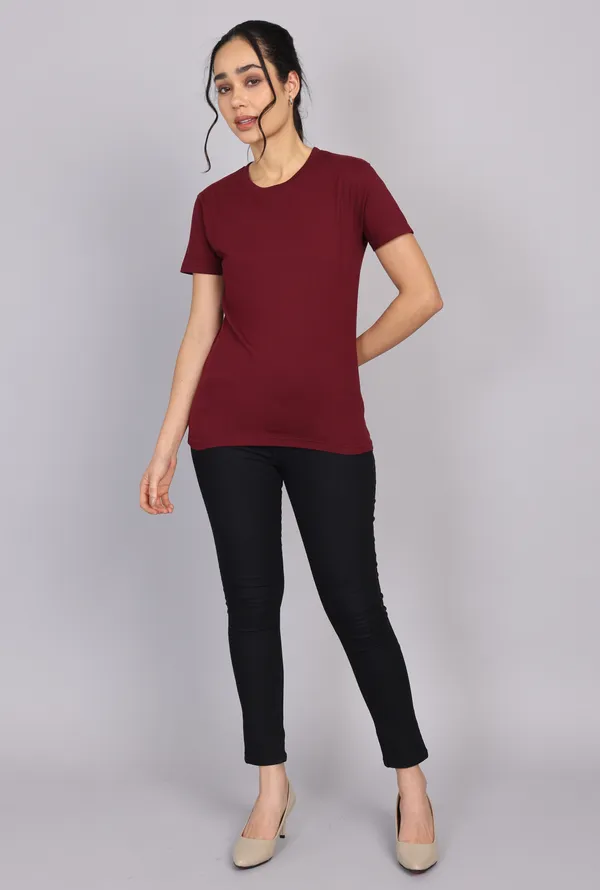 Maroon_Premium_Crewneck_Pima_Cotton_Round_Neck_T_Shirt_For_Women