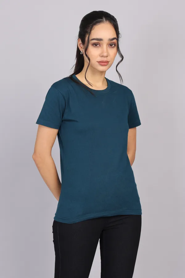 Petrol_Blue_Premium_Crewneck_Pima_Cotton_Round_Neck_T_Shirt_For_Women