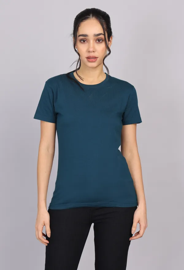 Petrol_Blue_Premium_Crewneck_Pima_Cotton_Round_Neck_T_Shirt_For_Women