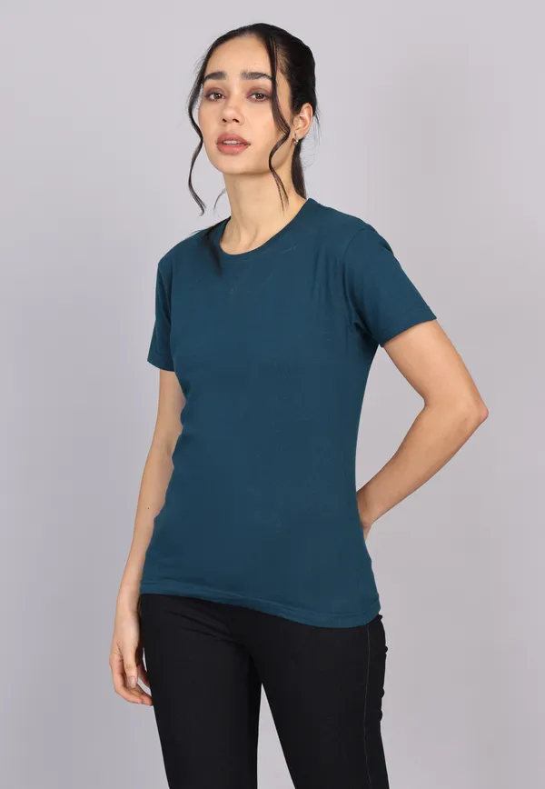 Petrol_Blue_Premium_Crewneck_Pima_Cotton_Round_Neck_T_Shirt_For_Women