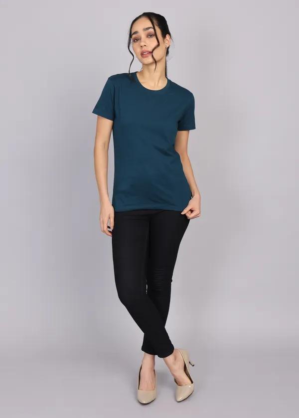 Petrol_Blue_Premium_Crewneck_Pima_Cotton_Round_Neck_T_Shirt_For_Women
