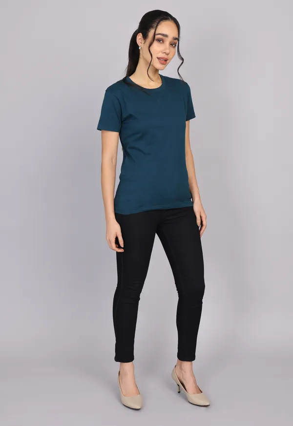 Petrol_Blue_Premium_Crewneck_Pima_Cotton_Round_Neck_T_Shirt_For_Women