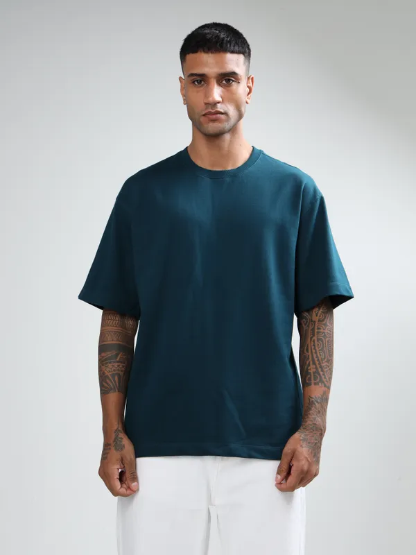 Petrol_Blue_Oversized_Originals_French_Terry_Cotton_Round_Neck_T_Shirt_For_Men