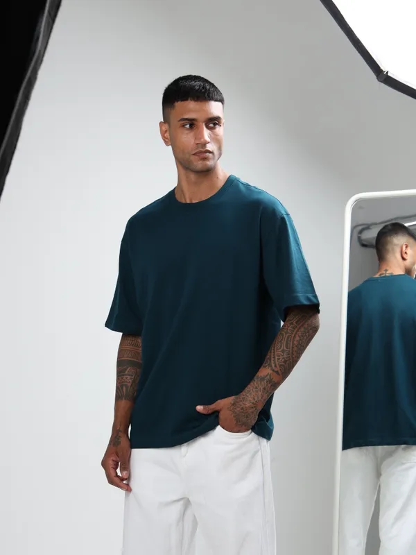 Petrol_Blue_Oversized_Originals_French_Terry_Cotton_Round_Neck_T_Shirt_For_Men
