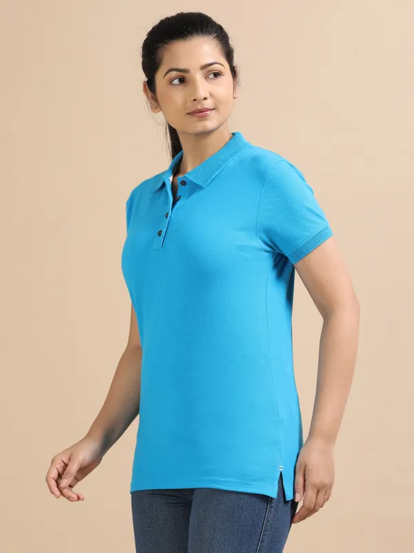 Aqua_Blue_Sustainable_Jacquard_Cotton_And_Polyester_Polo_Neck_T_Shirt_For_Women