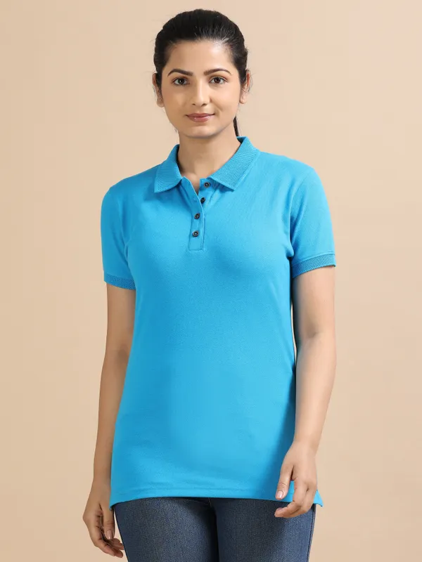 Aqua_Blue_Sustainable_Jacquard_Cotton_And_Polyester_Polo_Neck_T_Shirt_For_Women